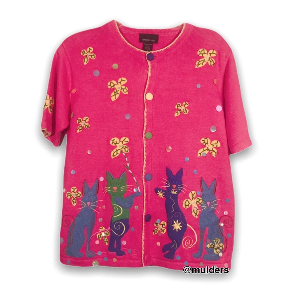 Vintage Morgan Cole Crazy Kitty Cat Kitten Dopamine Pink Embroidered Sweater